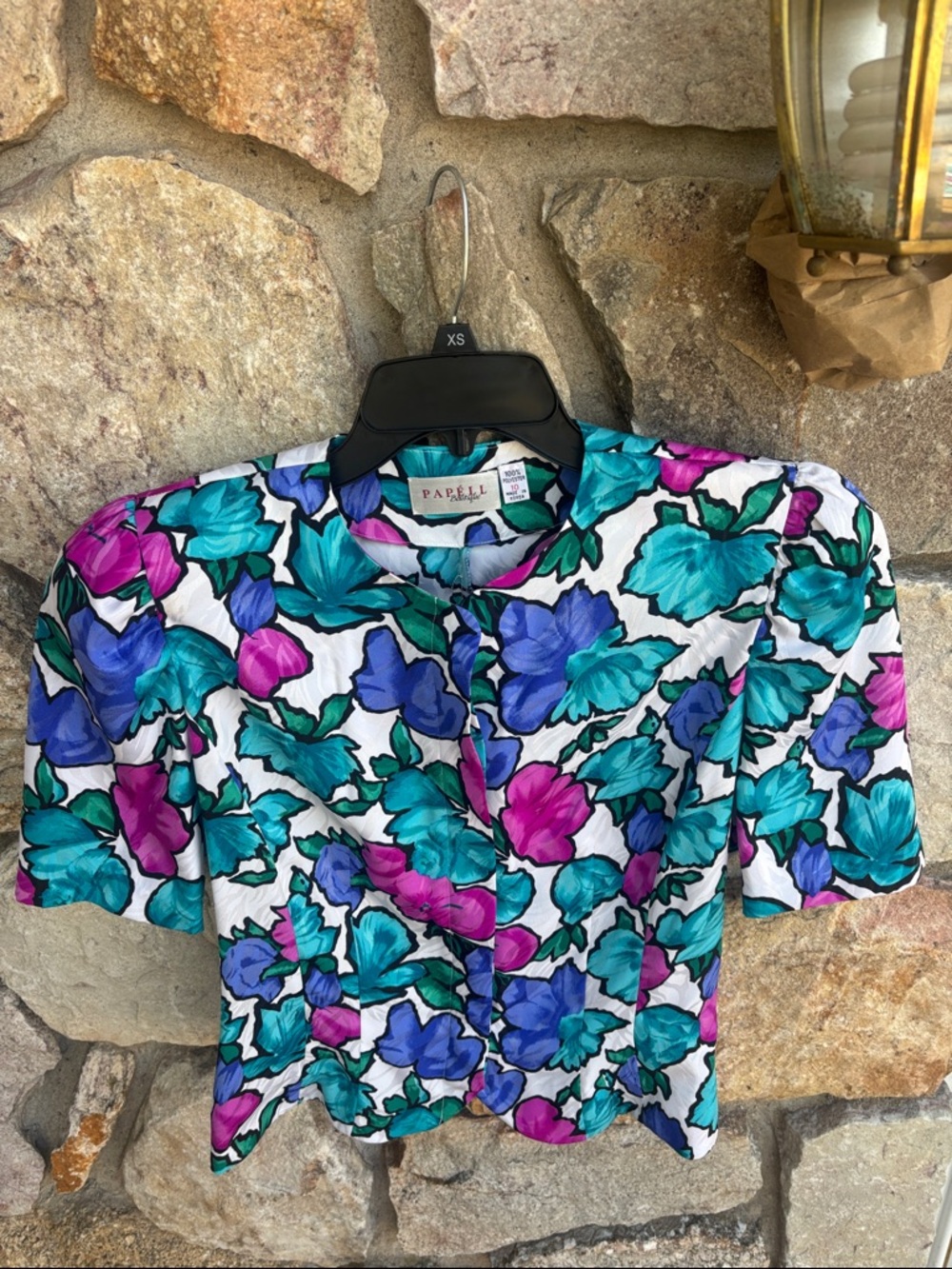 Papell Boutique Multicolor Floral Blouse & Skirt suit in Teal, Purple & Fuchsia